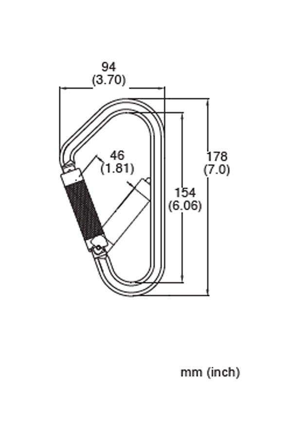 The French Creek Steel Twist-Lock Scaffold Hook 65, designed by French Creek Production, is an excellent choice for fall protection setups due to its meticulous design specifications. It features a height of 178 mm (7.0 inches), a width of 94 mm (3.70 inches), a gate opening of 46 mm (1.81 inches), and a total perimeter length of 154 mm (6.06 inches), making it perfect for scaffold hook applications.