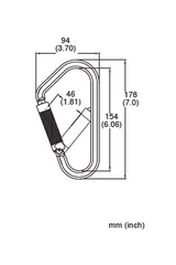 The French Creek Steel Twist-Lock Scaffold Hook 65, designed by French Creek Production, is an excellent choice for fall protection setups due to its meticulous design specifications. It features a height of 178 mm (7.0 inches), a width of 94 mm (3.70 inches), a gate opening of 46 mm (1.81 inches), and a total perimeter length of 154 mm (6.06 inches), making it perfect for scaffold hook applications.