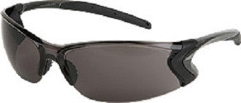 The MCR Safety Backdraft Gray MAX6 Dielectric Glasses BD112PF feature a sleek, wraparound design with dark lenses and Anti-Fog coating. These black glasses have a lightweight frame with a modern, curved shape for an athletic appearance.