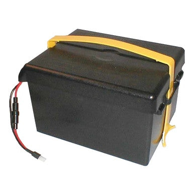 A Hurricone Battery Pack by Hurricone, featuring a black plastic design with a yellow handle and attached wiring, is set against a white background. It is designed for housing a 12-volt sealed lead acid battery and boasts a slightly textured surface along with a reinforced side latch.