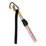 Introducing the French Creek Rescue Pole RPCC-12 by French Creek Production: This telescopic rescue pole features a gold-colored carabiner-like metal hook for effective grabbing or latching in emergencies and comes with an attached black strap. Its handle is wrapped in yellow material, while labels adorn its silver body for easy identification.