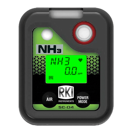 The image highlights the RKI Instruments SC-04 Series NH3 Single Gas Monitor 73-0077, a durable device designed for personal ammonia monitoring. Its display shows "NH3 0.0 ppm," and it includes "Air" and "Power Mode" buttons. Set against a geometric background, this monitor is both intrinsically safe and dependable.