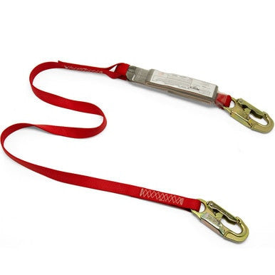 The Protecta PRO Shock Absorbing Web Lanyard 1341001 by 3M DBI-SALA Fall Protection is a red lanyard equipped with two metal carabiners at each end, perfect for fall protection and dependable safety equipment.