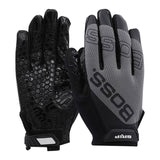 Introducing the PIP Boss Grip Mechanics Gloves 120-MG1220T by Protective Industrial Products - an ideal choice for mechanics. The right glove highlights a textured palm with a hexagonal silicone-coated grip pattern, while the left proudly bears the "BOSS" branding. Both gloves come with adjustable wrist straps for a secure fit.