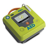 The ZOLL AED 3 BLS Defibrillator Package 8513-001103-01 is a green professional device with a display, power button, electrode cable, heart symbol on the screen, Real CPR Help technology, and "Automatic" and "AED" labels.