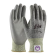 A pair of PIP G-Tek ECO Dyneema Phoenix gloves features Dyneema blended fibers for superior cut resistance and has a textured polyurethane-coated grip with snug wrist cuffs. Set against a white background, these gloves display the PIP branding along with small printed text on the back of the hand.