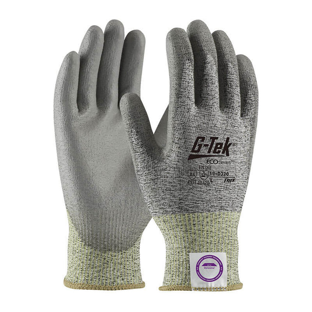 A pair of PIP G-Tek ECO Dyneema Phoenix gloves features Dyneema blended fibers for superior cut resistance and has a textured polyurethane-coated grip with snug wrist cuffs. Set against a white background, these gloves display the PIP branding along with small printed text on the back of the hand.