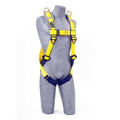 A display mannequin showcases the 3M DBI-SALA Fall Protection Delta Back & Shoulder D-Ring Pass-Thru Leg Harness 1101781 with bright yellow straps and black buckles. This essential piece of safety equipment is equipped with metal rings at the shoulders and waist, ensuring secure attachment for various applications.