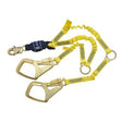 The DBI-SALA Force2 Hi-Vis Shock Absorbing Lanyard 1246152 by 3M DBI-SALA Fall Protection features two large self-locking snap hooks on one end and a clip on the other. Its design includes elastic sections and reinforced stitching with an integrated shock absorber, making it ideal for fall protection in construction or industrial settings.