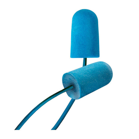 Close-up of two PIP Food Pro Bullet BioSoft Corded Foam Ear Plugs BSF-D, showcasing advanced BioSoft Technology, connected by a blue cord and displayed against a white background.