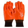 The PIP ProCoat Premium PVC Gloves w/Interlock/Jersey Liner 58-7303, from the Protective Industrial Products brand, feature Hi-Vis Orange PVC dipped palms, black fabric cuffs, and are positioned palm to palm. They provide insulation for warmth and waterproof protection while displaying the company logo and product code printed in white on the back of one glove.