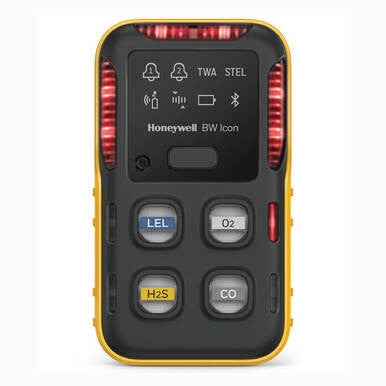 A Honeywell BW Icon 4-Gas Detector model ICON-Y-H, featuring a yellow casing and a black front panel, includes four buttons marked "LEL," "O2," "H2S," and "CO." The top displays alert icons with labels "TWA" and "STEL.