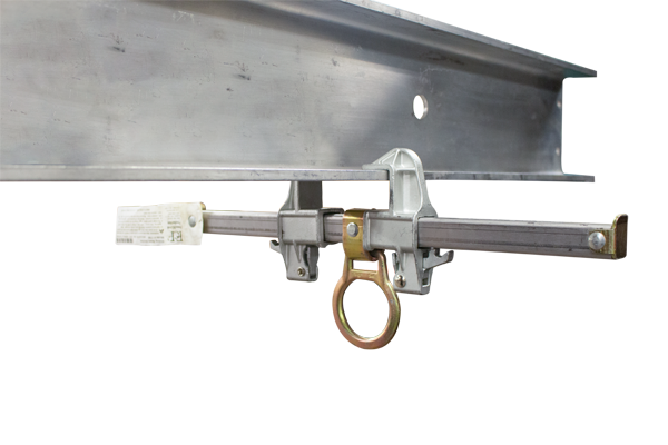 A close-up of a French Creek Sliding Beam Anchor w/Center D-Ring 1700 reveals the fall protection system attached underneath. Produced by French Creek Production, this sliding beam anchor features a locking mechanism and a central D-ring for securing safety equipment.