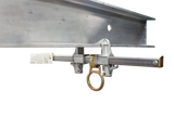 A close-up of a French Creek Sliding Beam Anchor w/Center D-Ring 1700 reveals the fall protection system attached underneath. Produced by French Creek Production, this sliding beam anchor features a locking mechanism and a central D-ring for securing safety equipment.