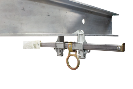 A close-up of a French Creek Sliding Beam Anchor w/Center D-Ring 1700 reveals the fall protection system attached underneath. Produced by French Creek Production, this sliding beam anchor features a locking mechanism and a central D-ring for securing safety equipment.