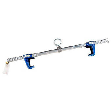 The 3M DBI-SALA Sliding Beam Anchor, Large 2104715, from 3M DBI-SALA Fall Protection, is an adjustable beam clamp in blue and silver. It features a corrosion-resistant construction with two C-shaped clamps at both ends designed for lifting and rigging. A circular attachment point is positioned in the center to enhance its functionality as a sliding beam anchor.