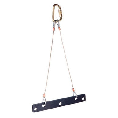 The 3M DBI-SALA Fall Protection DBI Rollgliss Rescue Ladder Accessory Plate 8516316, featuring a metal bar at the bottom connected by two cables to a carabiner clip at the top, is perfect for confined space tasks. This setup ensures secure handling and lifting.