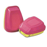 Displayed side by side are two trapezoidal-shaped, 3M 60923 P100 Organic Vapor / Acid Gas Filters with ridged surfaces on top. These pink and yellow filters by 3M are used for respiratory protection in respirators.