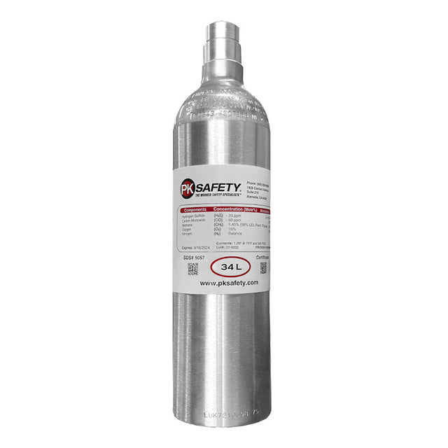 The 34-liter PK Safety MSA Equivalent 4 Gas Calibration Gas Mix features a silver cylinder adorned with a red and black label that includes the PK Safety logo, gas concentration details, and contact information. This cylinder is essential for ensuring accurate readings in your MSA sensors and gas monitors.