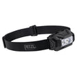 A Petzl ARIA 2 RGB Headlamp E070BA00 is shown, featuring its black color and adjustable elastic strap with dual LED lights. This compact headlamp is waterproof and includes a buckle for size adjustment, while the Petzl logo is clearly visible on the side. Its rugged design ensures durability in various conditions.