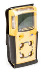 The BW Honeywell Black Leather PVC Carrying Case MC2-LC-1 is designed for the GasAlert MicroClip, a yellow handheld gas detector equipped with four circular sensors and a digital display screen on the front. This carrying case is perfect for those who need reliable protection and accessories for their gas monitors.