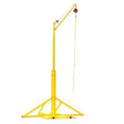 A Miller SkyORB Rotational Boom Anchor SORBSYS by Miller Fall Protection, featuring a yellow davit crane design with a slender vertical post, an angled arm, and a pulley with a rope, has an overhead anchorage on its triangular base.