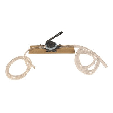 The UltraTech Bladder Pump 2345 by UltraTech International is a siphon pump mounted on a wooden board with clear plastic tubing, ideal for removing spilled contents from sumps or bladders, and features a central black lever for manual operation.