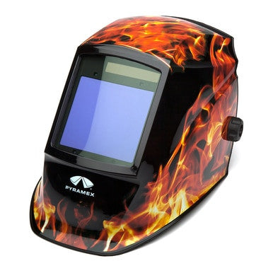 The LEADHEAD Auto Darkening Helmet - Flame WHAM3030FL by Pyramex Safety boasts a striking vivid flame design set against a black background. It features a large, rectangular viewing window and has the brand logo prominently displayed at the bottom.