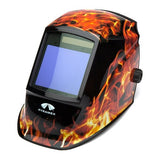 The LEADHEAD Auto Darkening Helmet - Flame WHAM3030FL by Pyramex Safety boasts a striking vivid flame design set against a black background. It features a large, rectangular viewing window and has the brand logo prominently displayed at the bottom.