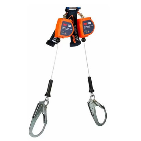 The 3M DBI-SALA Nano-Lok Edge Twin-Leg SRL, Steel Rebar 3500284, with its orange color, black harness connectors, and large metallic hooks, is indispensable for construction safety. This ANSI Class 2 device from 3M DBI-SALA Fall Protection is specifically designed for fall protection and features labels and safety details prominently visible on the casing.