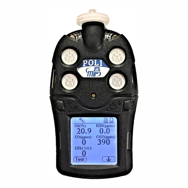 The mPower Electronics POLI MP400P Pump 5-Gas Detector, featuring a sleek handheld design in black, includes a digital display that accurately presents measurements: 20.9% O2, 0.0 ppm H2S, 0 ppm CO, 390 ppm CO2, and 0 LEL (%LEL). With its advanced smart sensors and multiple sensor openings, it offers enhanced safety through a dependable man-down alarm system.