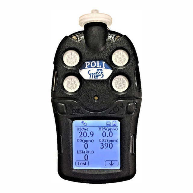 The mPower Electronics POLI MP400P Pump 5-Gas Detector, featuring a sleek handheld design in black, includes a digital display that accurately presents measurements: 20.9% O2, 0.0 ppm H2S, 0 ppm CO, 390 ppm CO2, and 0 LEL (%LEL). With its advanced smart sensors and multiple sensor openings, it offers enhanced safety through a dependable man-down alarm system.