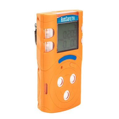 A compact, orange AimSafety PM400-P 4-gas monitor with a digital screen and three buttons on the front panel. It features numerical readings and utilizes a catalytic bead sensor for dependable multi-gas detection, prominently displaying the "AimSafety" brand at the top.