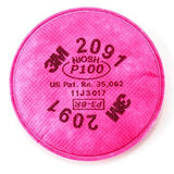 The 3M P100 Particulate Filters (Pair) 2091 are pink and circular, featuring black text with "3M 2091," "NIOSH P100," and patent details that ensure HEPA filtration efficiency.