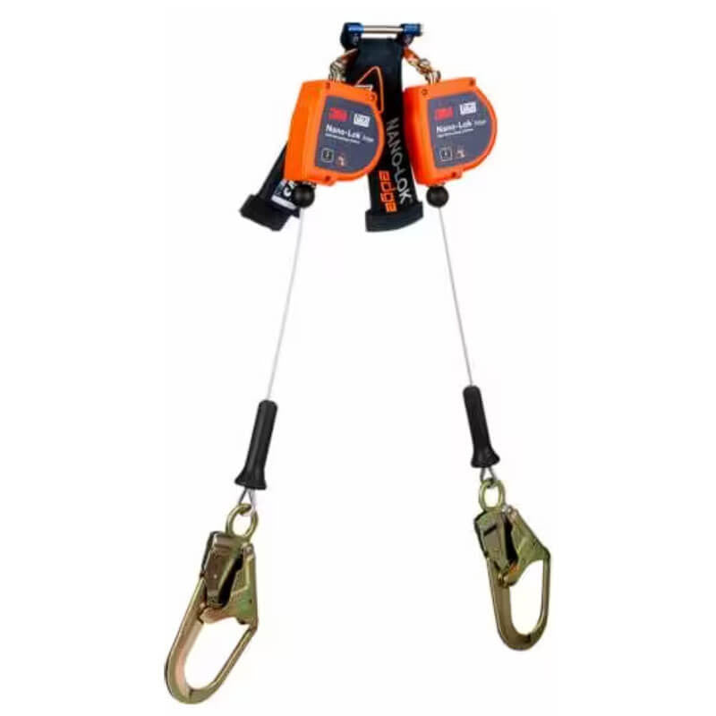 The 3M DBI-SALA Nano-Lok Edge Twin-Leg SRL, Steel Rebar 3500278, from the 3M DBI-SALA Fall Protection brand, offers robust fall protection for construction and industrial settings, including leading edge applications. This ANSI Class 2 orange and black lifeline includes twin cables, hooks, and safety harness components.