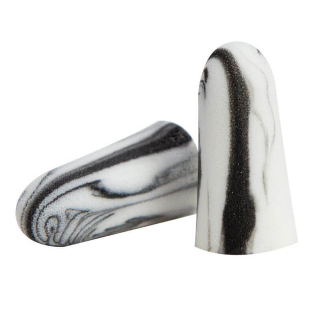 The Moldex ZEBRAS Disposable Earplugs Uncorded 6920, featuring a sleek black and white marble pattern, are designed for effective noise reduction. Positioned on a white background, one earplug lies down while the other stands upright, these stylish foam earplugs seamlessly combine practicality with elegance.