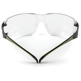 The 3M Securefit Anti-Fog Safety Glasses SF401AF, with their distinctive curved black and green temples, are arranged on a white surface to form a heart shape when viewed from the front. This protective eyewear from 3M provides UV protection to ensure your eyes remain safe.