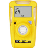 A yellow handheld hydrogen sulfide detector branded by PK Safety Supply, named BW Clip 2 Year H2S 5-15 Single Gas Detector BWC2-H515, displays "24 MM" and "H2S," indicating hydrogen sulfide levels. It is maintenance-free and designed for a two-year duration.
