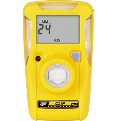 A BW Honeywell BW Clip 2 Year H2S 5-15 Single Gas Detector BWC2-H515 in yellow, featuring a digital display showing "24 MM" and labeled for hydrogen sulfide (H2S) detection, includes user-friendly buttons and indicators specifically designed for efficient monitoring of H2S levels.