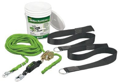 The Miller TechLine Horizontal Lifeline Kit - Compliant HLLR2-Z7/60FT by Miller Fall Protection includes a green horizontal rope lifeline with carabiner clips, a sturdy metal buckle, and black webbed straps featuring metal rings. All components are neatly stored in a labeled white bucket container, providing perfect and reliable protection.