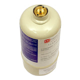 A small, white steel cylinder from RKI Instruments (Model 81-0016RK-05) with a brass valve, labeled as containing 100% vol CH4 calibration gas. The blue and white label details methane concentration and provides safety and usage instructions.