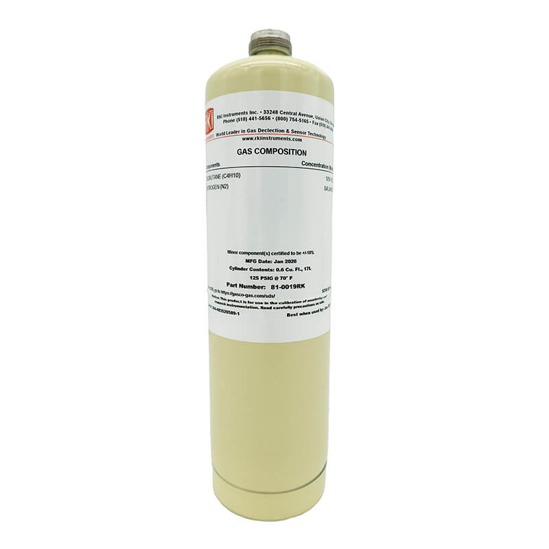 The RKI Instruments Isobutane 10% vol 17L Steel Cylinder (81-0019RK) features a beige design with a detailed label, standing upright—perfect for equipment calibration and gas detection applications.