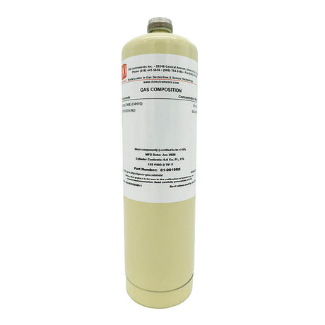 The RKI Instruments Isobutane 10% vol 17L Steel Cylinder (81-0019RK) features a beige design with a detailed label, standing upright—perfect for equipment calibration and gas detection applications.