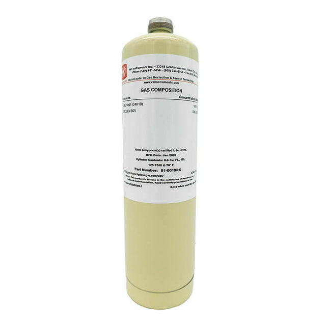 The RKI Instruments Isobutane 10% vol 17L Steel Cylinder (81-0019RK) features a beige design with a detailed label, standing upright—perfect for equipment calibration and gas detection applications.