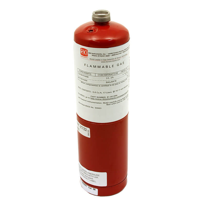 A tall red RKI Instruments steel cylinder labeled "FLAMMABLE GAS" contains Isobutane 10% vol calibration gas (17L, 81-0019RK) and features a threaded metal valve and white warning labels on the side.