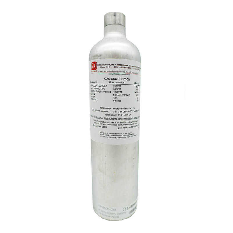A silver RKI Instruments gas cylinder with a white label displays calibration gas details for the RKI Isobutylene/H2S/CO/CH4 50% LEL/O2 81-0143RK-04, shown upright with a rounded top and no valve or regulator attached.