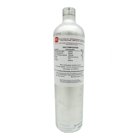 A silver RKI Instruments gas cylinder with a white label displays calibration gas details for the RKI Isobutylene/H2S/CO/CH4 50% LEL/O2 81-0143RK-04, shown upright with a rounded top and no valve or regulator attached.