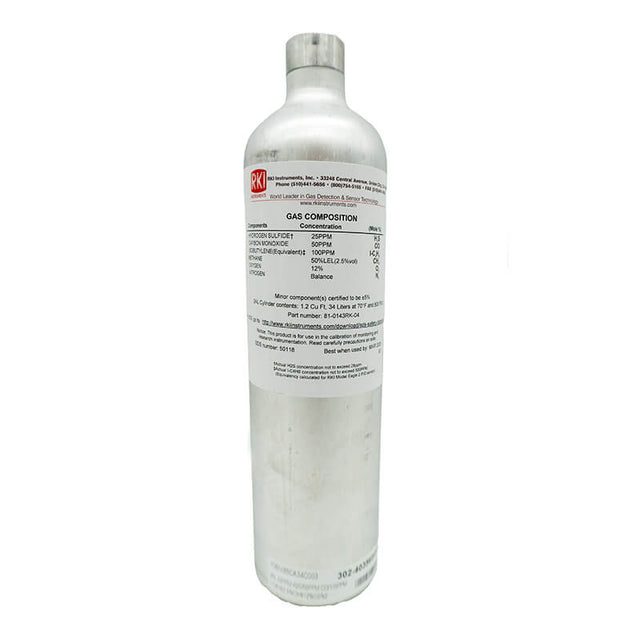 A silver RKI Instruments gas cylinder with a white label displays calibration gas details for the RKI Isobutylene/H2S/CO/CH4 50% LEL/O2 81-0143RK-04, shown upright with a rounded top and no valve or regulator attached.