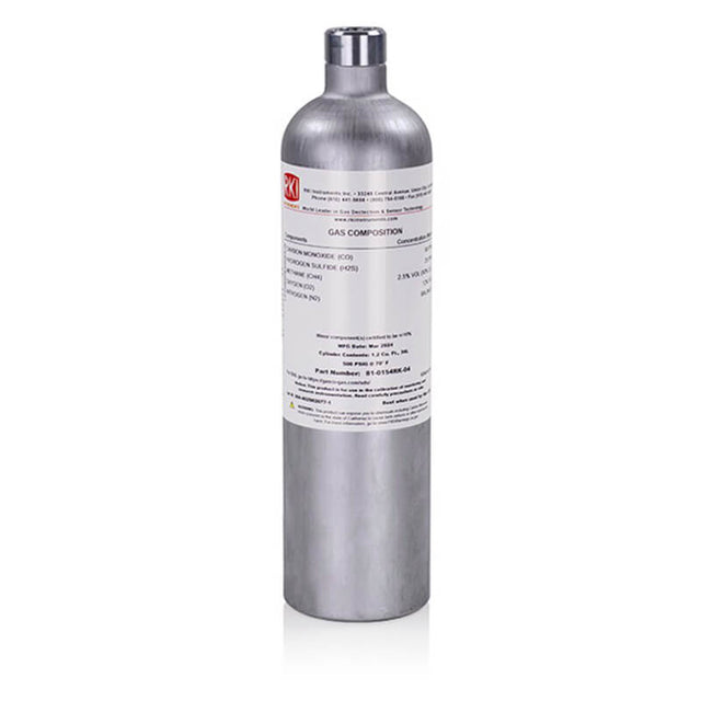 The RKI Calibration 4 Gas Mixture 81-0154RK-04 by RKI Instruments is a silver metal cylinder labeled with contents and safety details, ideal for gas detection or calibration, shown upright on a white background.