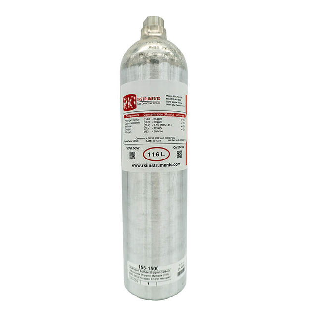The RKI Instruments H2S/CO/CH4 50% LEL/O2 116AL (81-0154RK-116) cylinder, featuring a red and white label, stands upright. With a 116L capacity, it’s ideal for calibration gas or multi-gas mixtures from RKI Instruments.